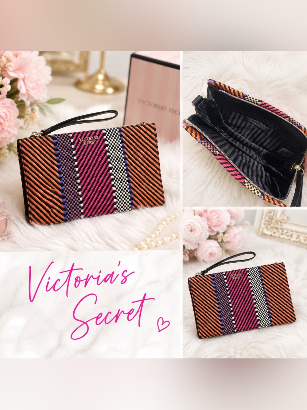 Victoria's Secret Beaded Wristlet Clutch Gold Chain- Pink& Orange TweedyFabric